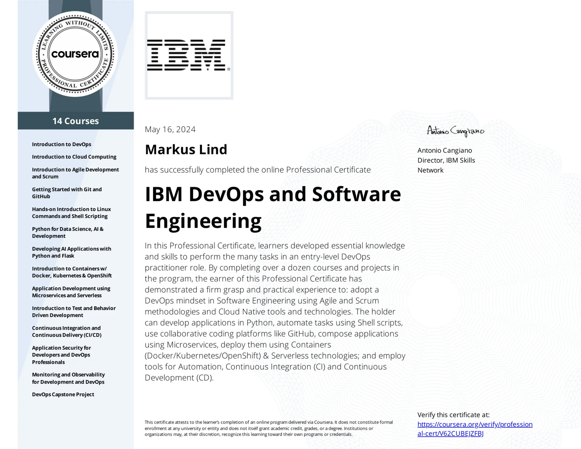 IBM DevOps and Software Engineering Professional Certificate certificate