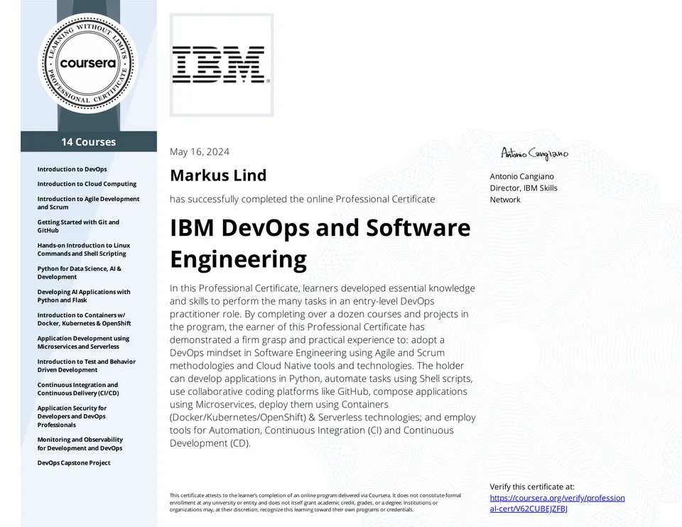 IBM DevOps and Software Engineering Professional Certificate certificate