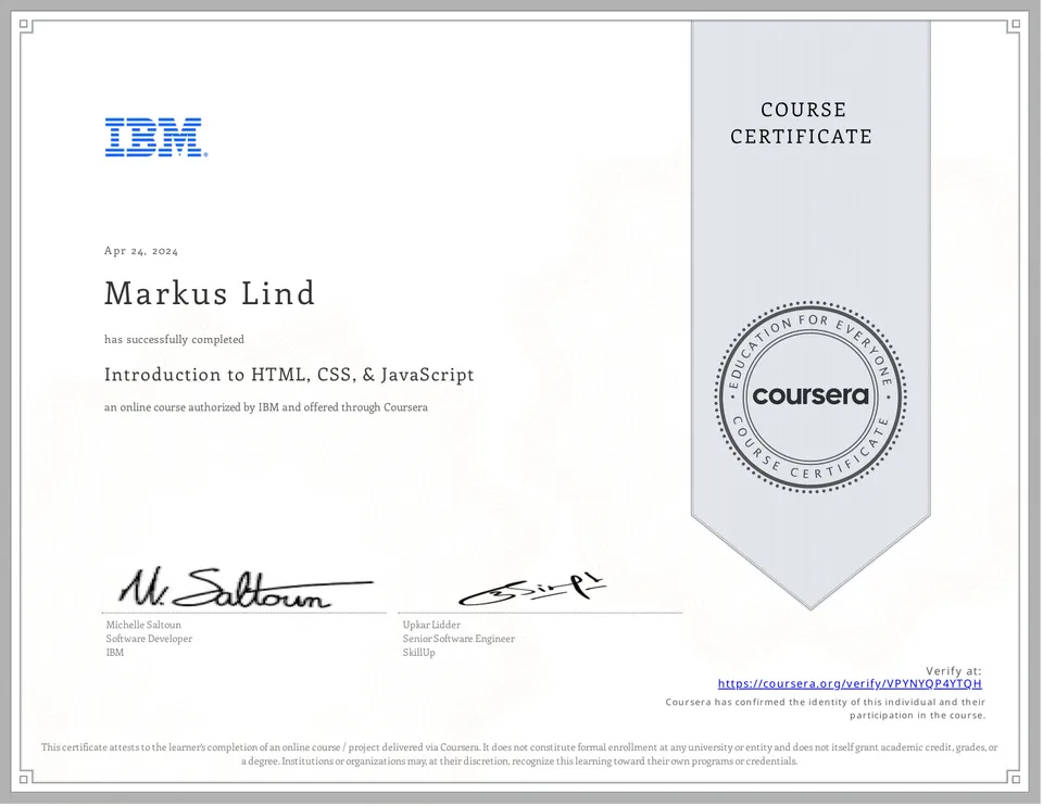 Introduction to HTML, CSS, & JavaScript certificate