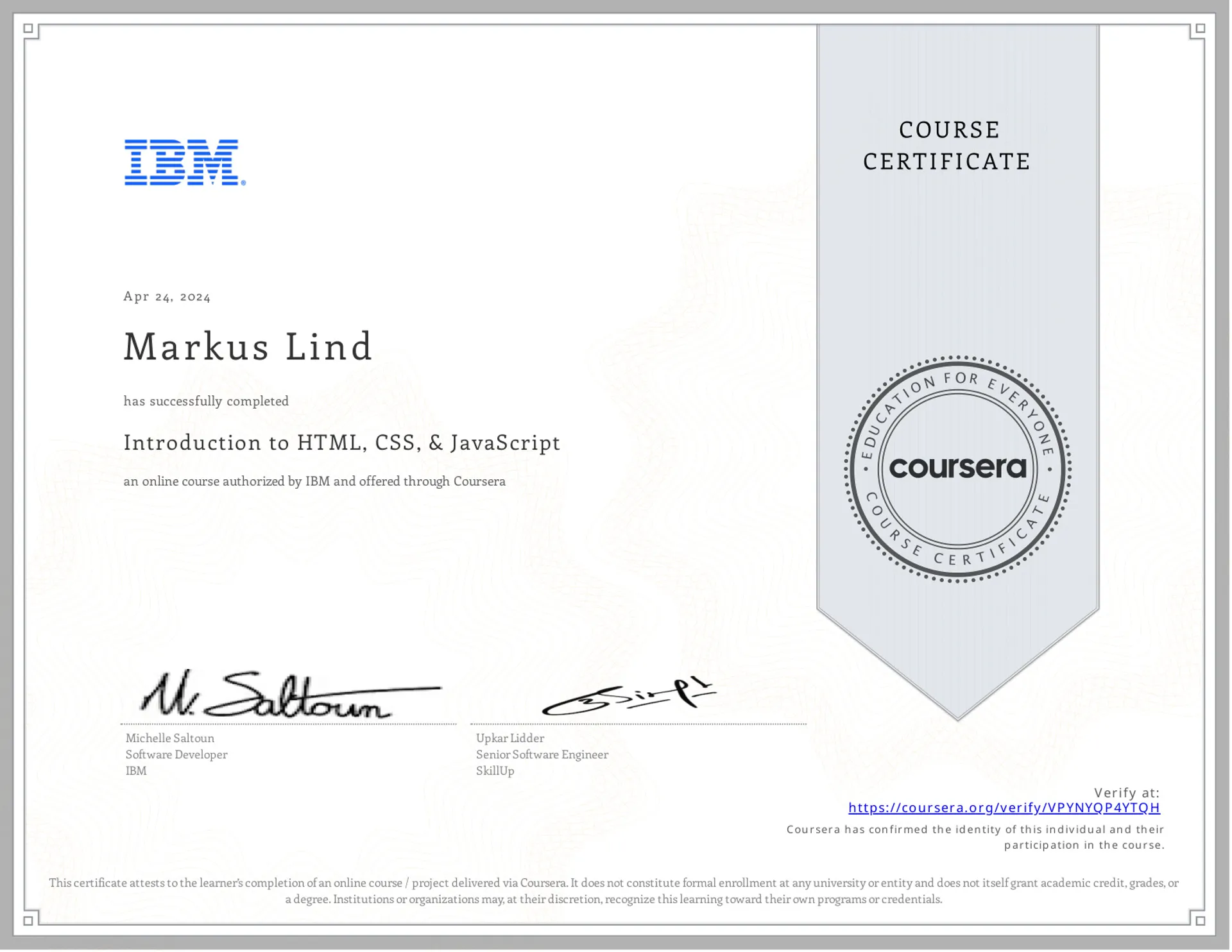Introduction to HTML, CSS, & JavaScript certificate