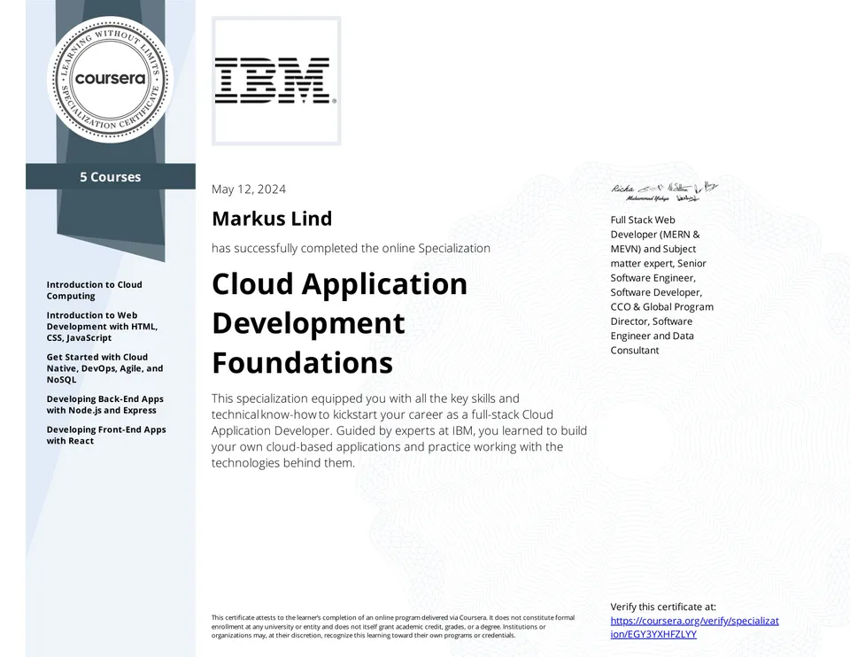 Cloud Application Development Foundations Specialization certificate