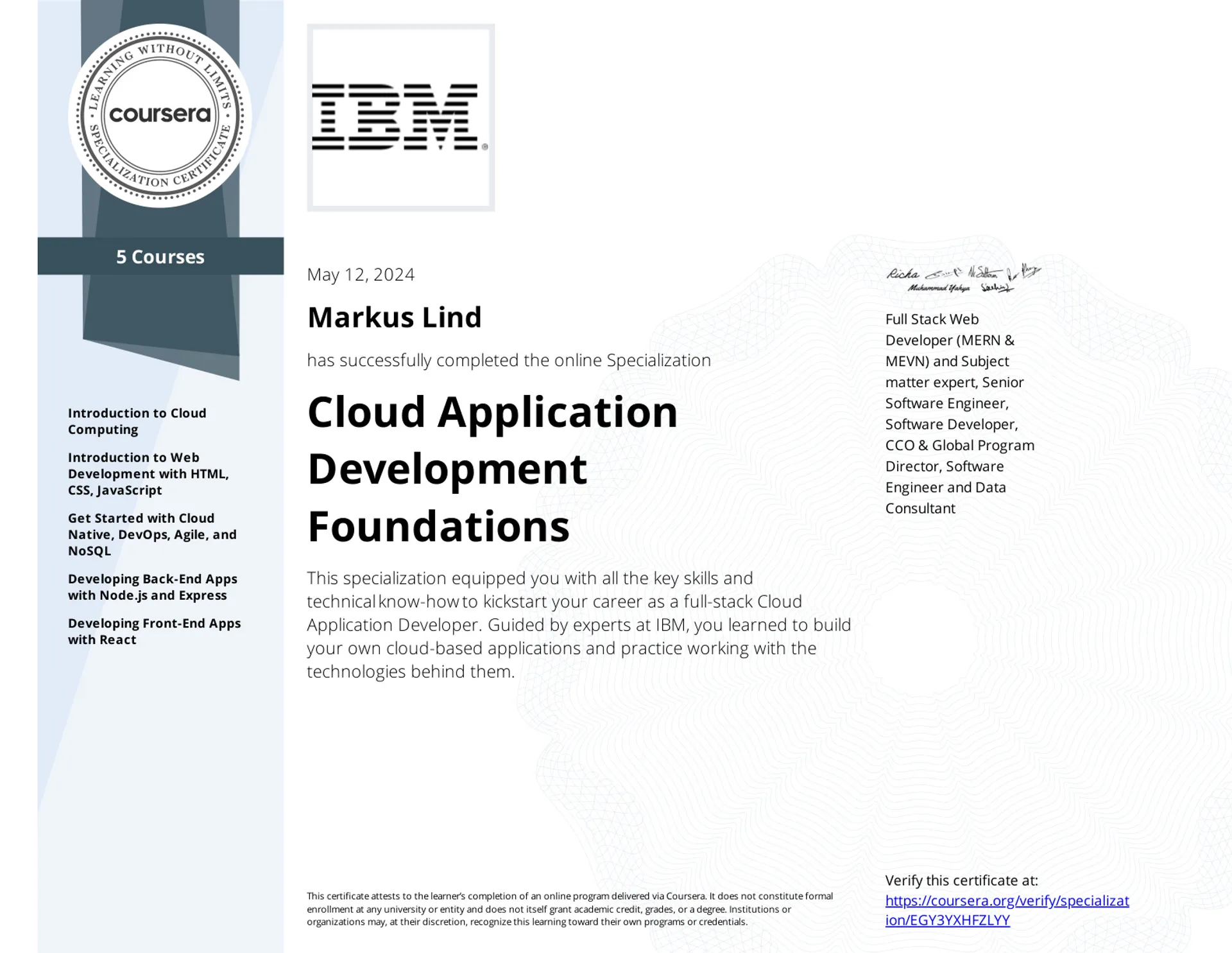 Cloud Application Development Foundations Specialization certificate