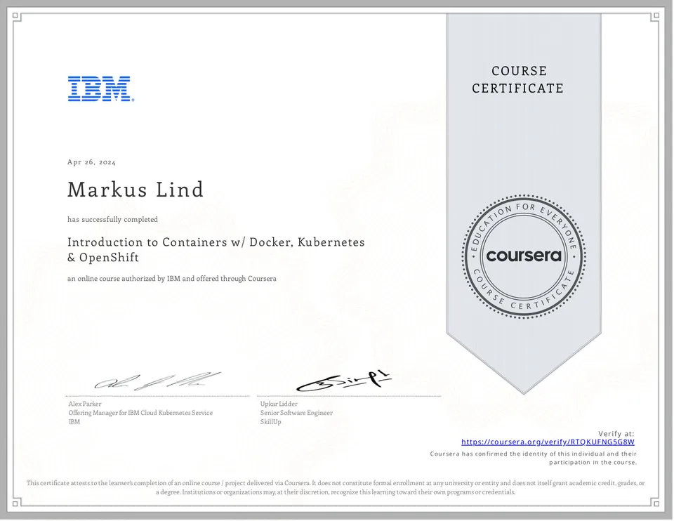 Introduction to Containers w/ Docker, Kubernetes & OpenShift certificate