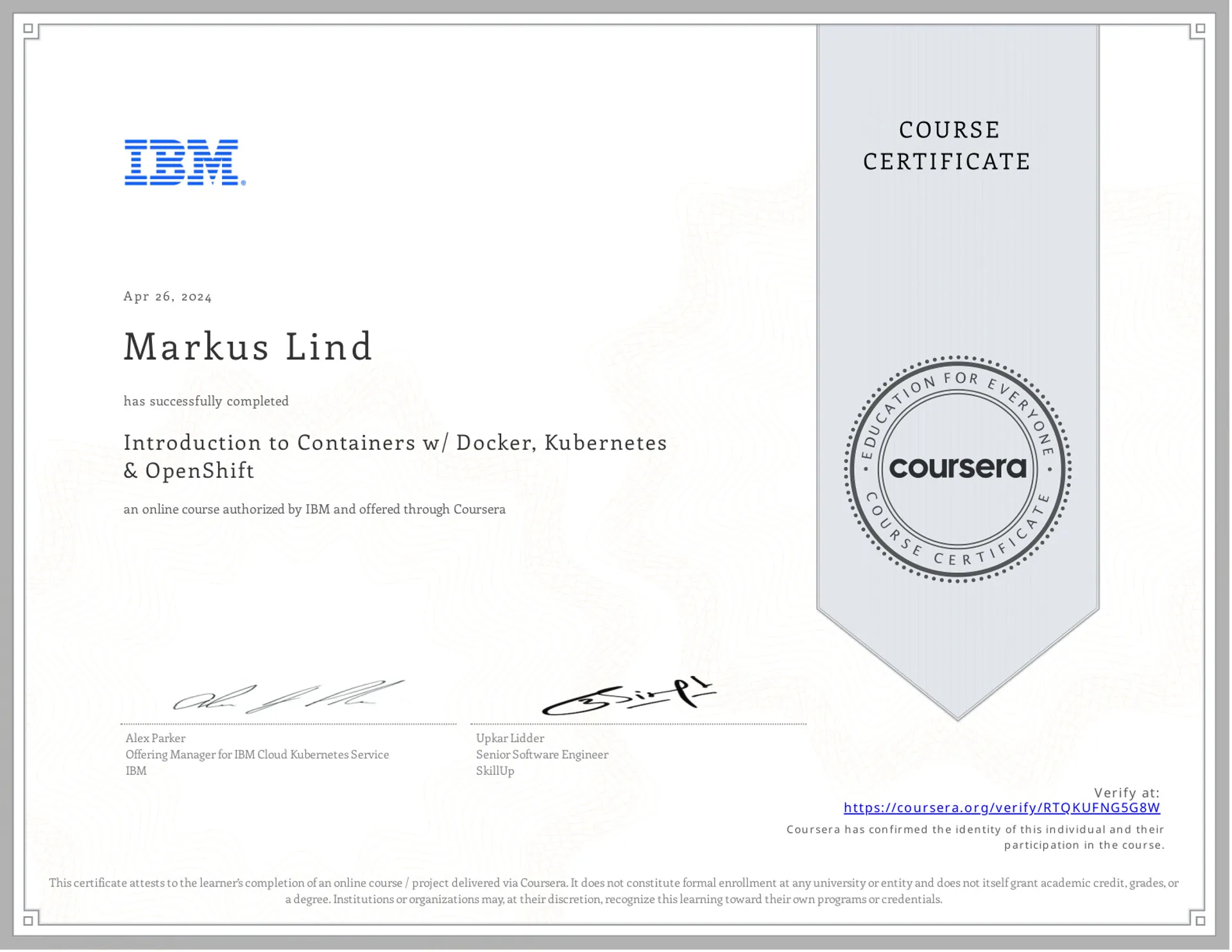 Introduction to Containers w/ Docker, Kubernetes & OpenShift certificate