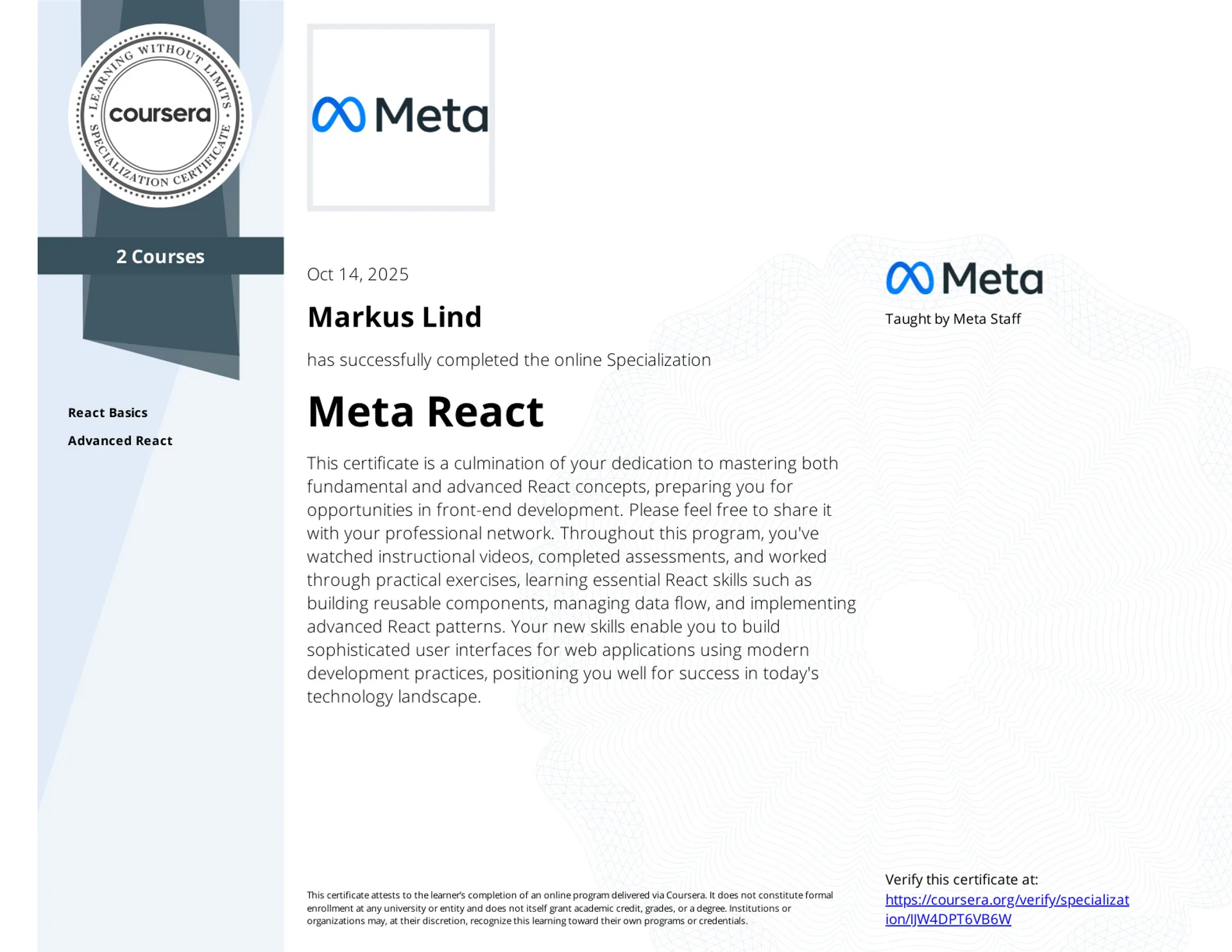 Meta React Specialization certificate