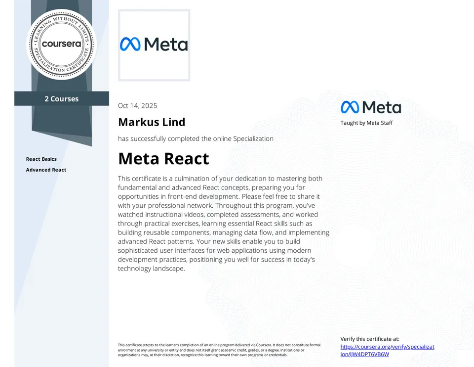 Meta React Specialization certificate