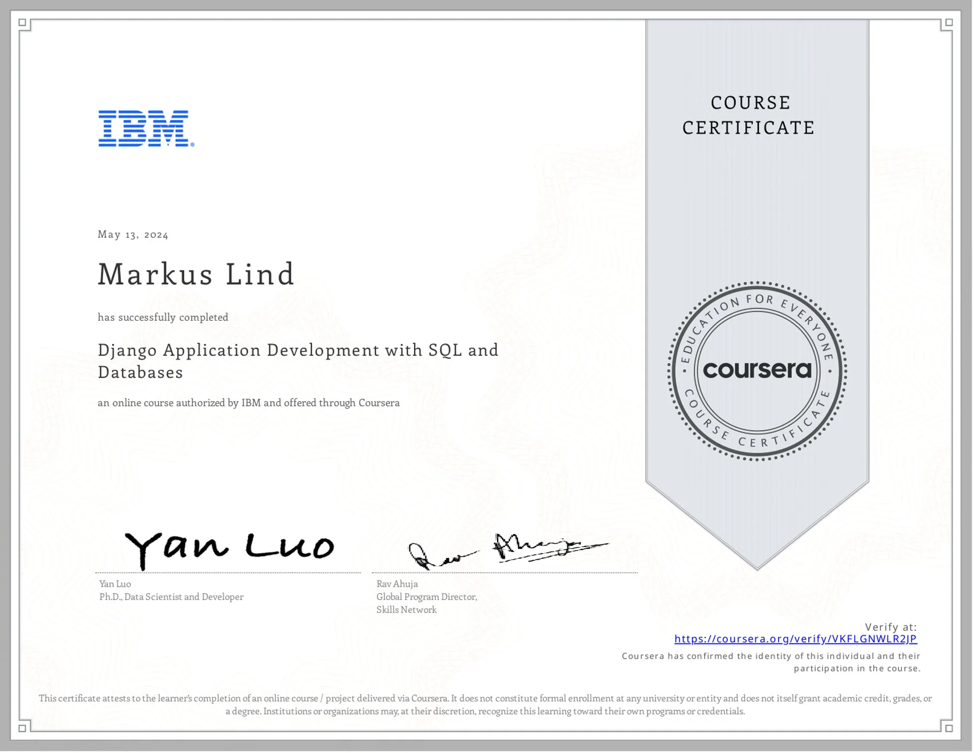 Django Application Development with SQL and Databases certificate