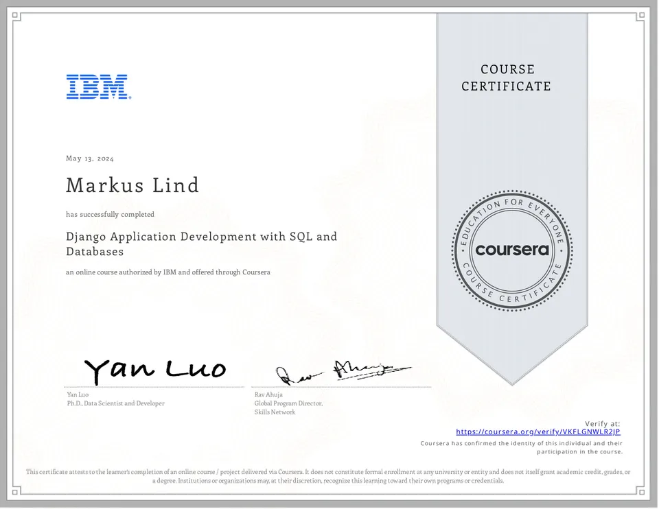 Django Application Development with SQL and Databases certificate