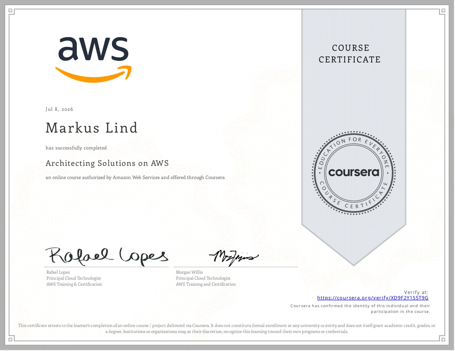 Architecting Solutions on AWS certificate