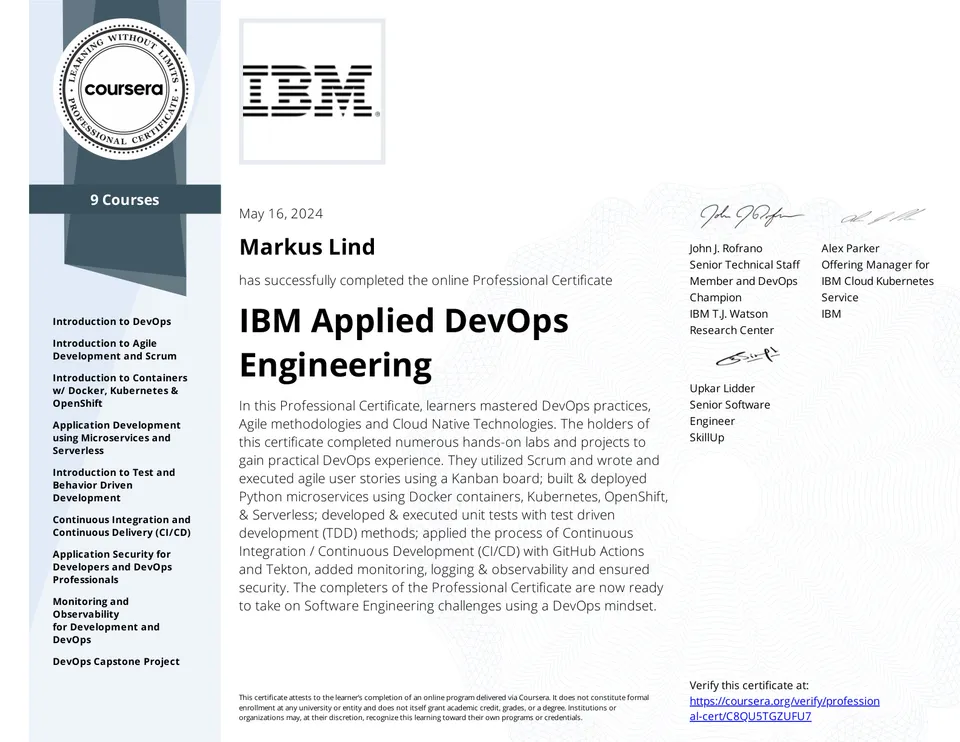 IBM Applied DevOps Engineering Professional Certificate certificate