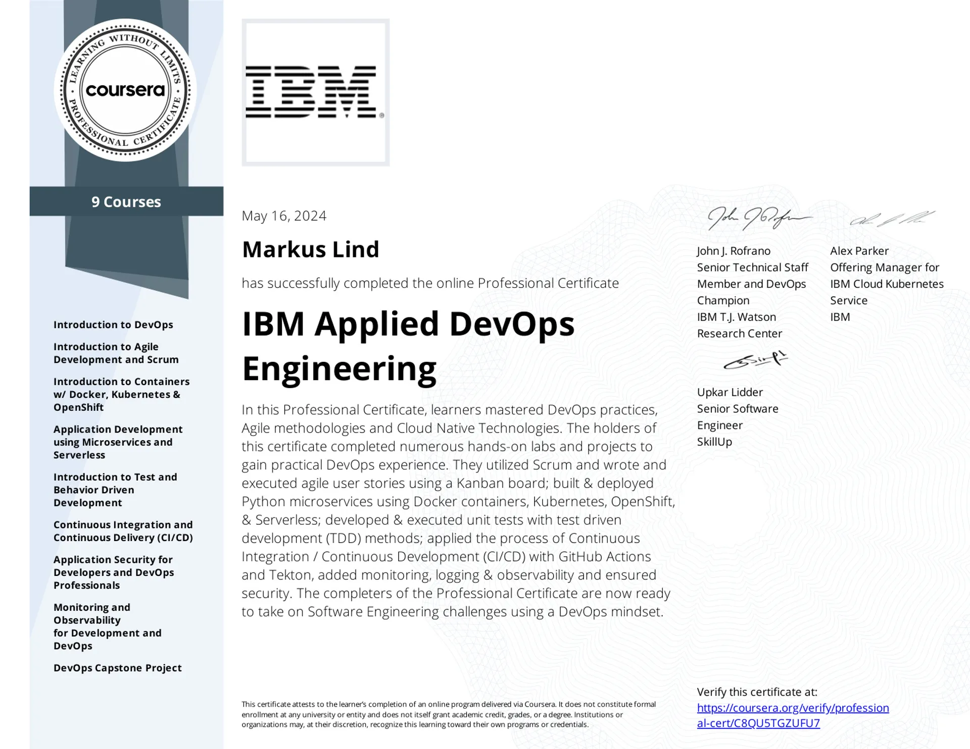 IBM Applied DevOps Engineering Professional Certificate certificate