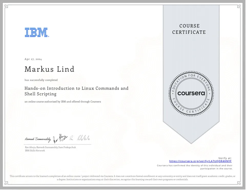 Hands-on Introduction to Linux Commands and Shell Scripting certificate