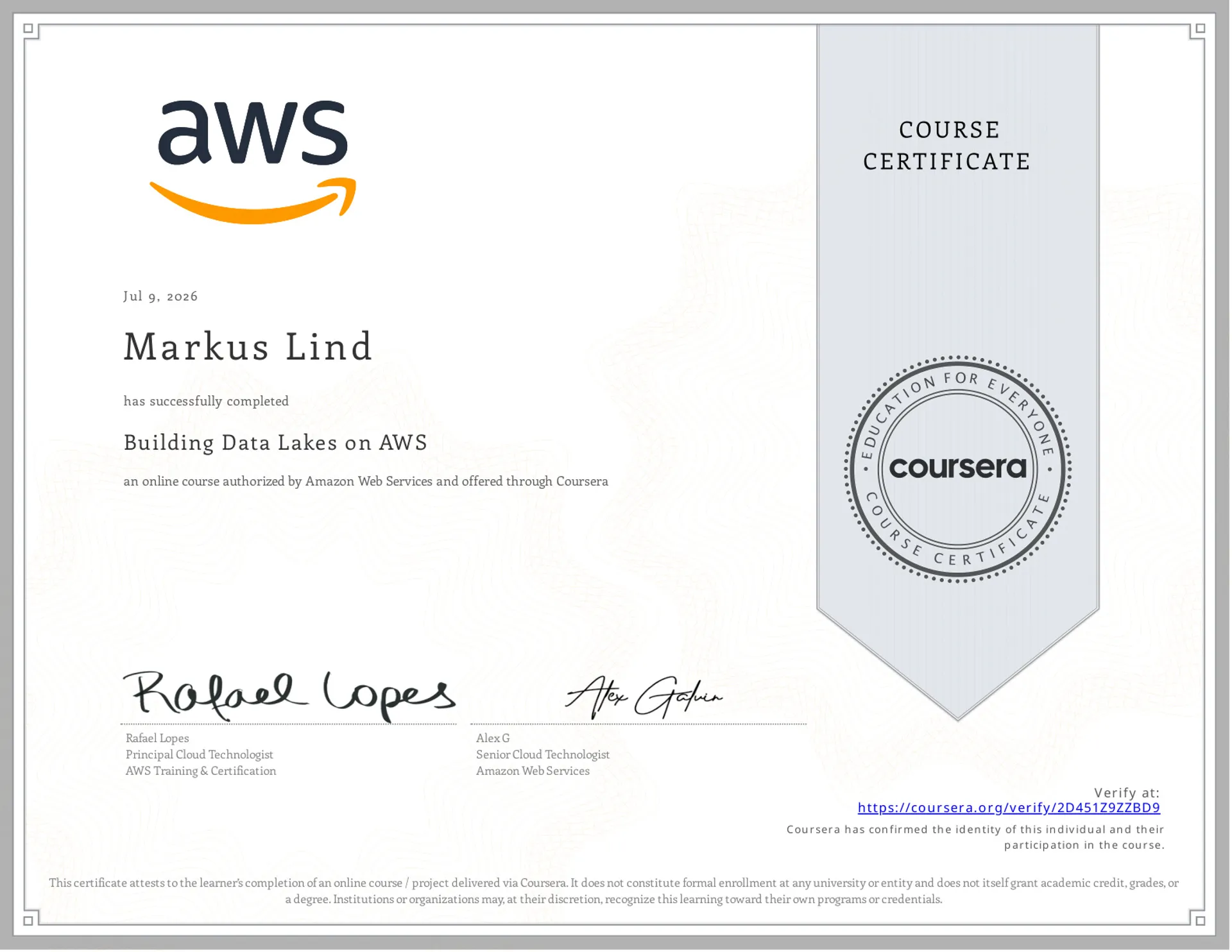 Building Data Lakes on AWS certificate