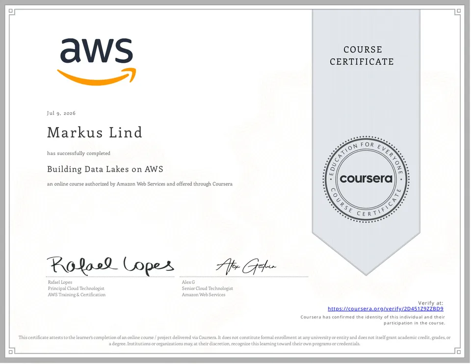 Building Data Lakes on AWS certificate