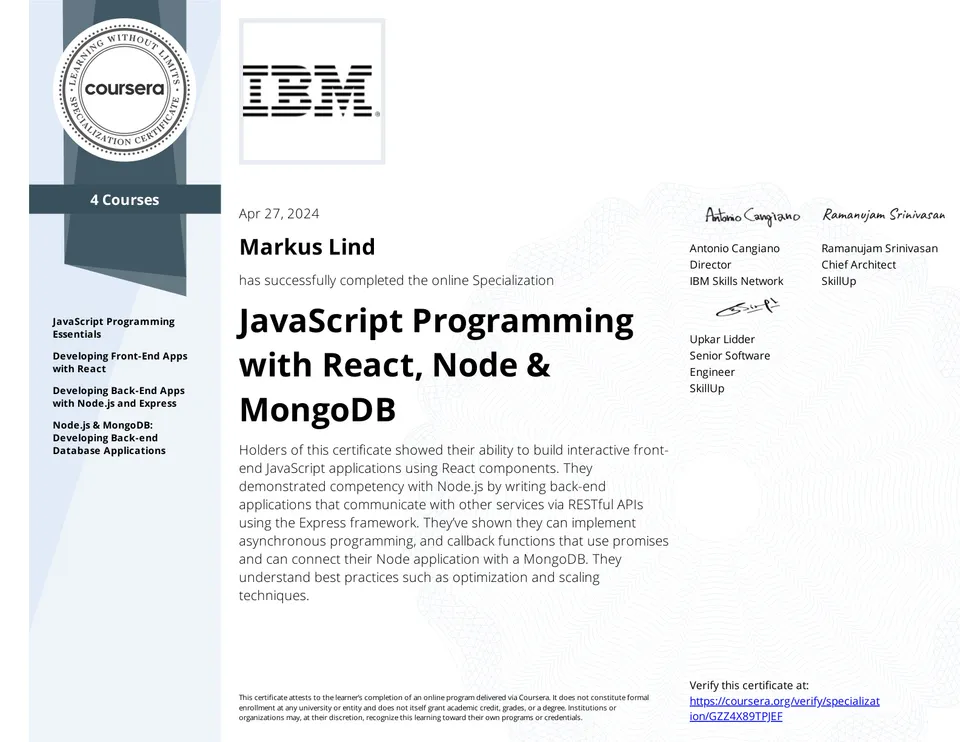 JavaScript Programming with React, Node & MongoDB Specialization certificate