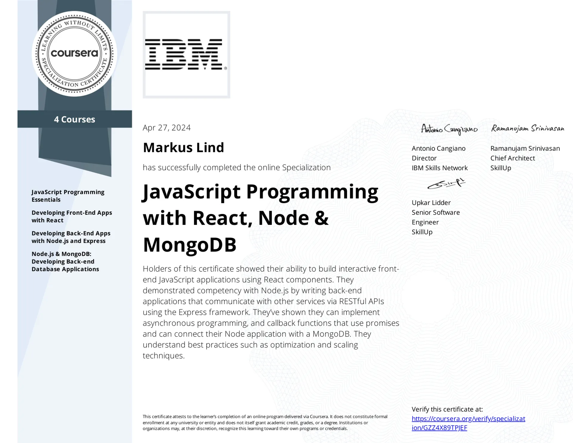 JavaScript Programming with React, Node & MongoDB Specialization certificate