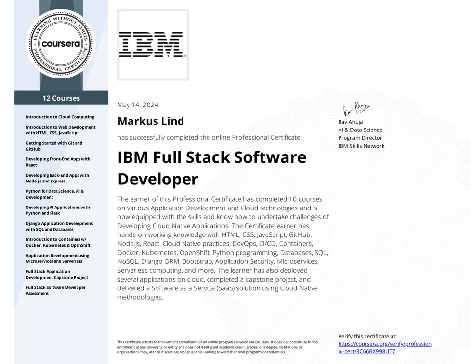 IBM Full Stack Software Developer Professional Certificate certificate