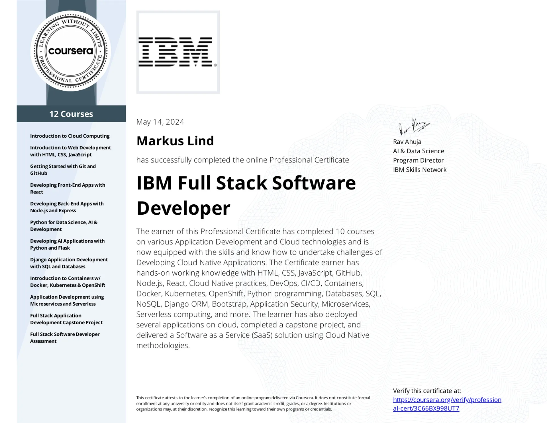 IBM Full Stack Software Developer Professional Certificate certificate