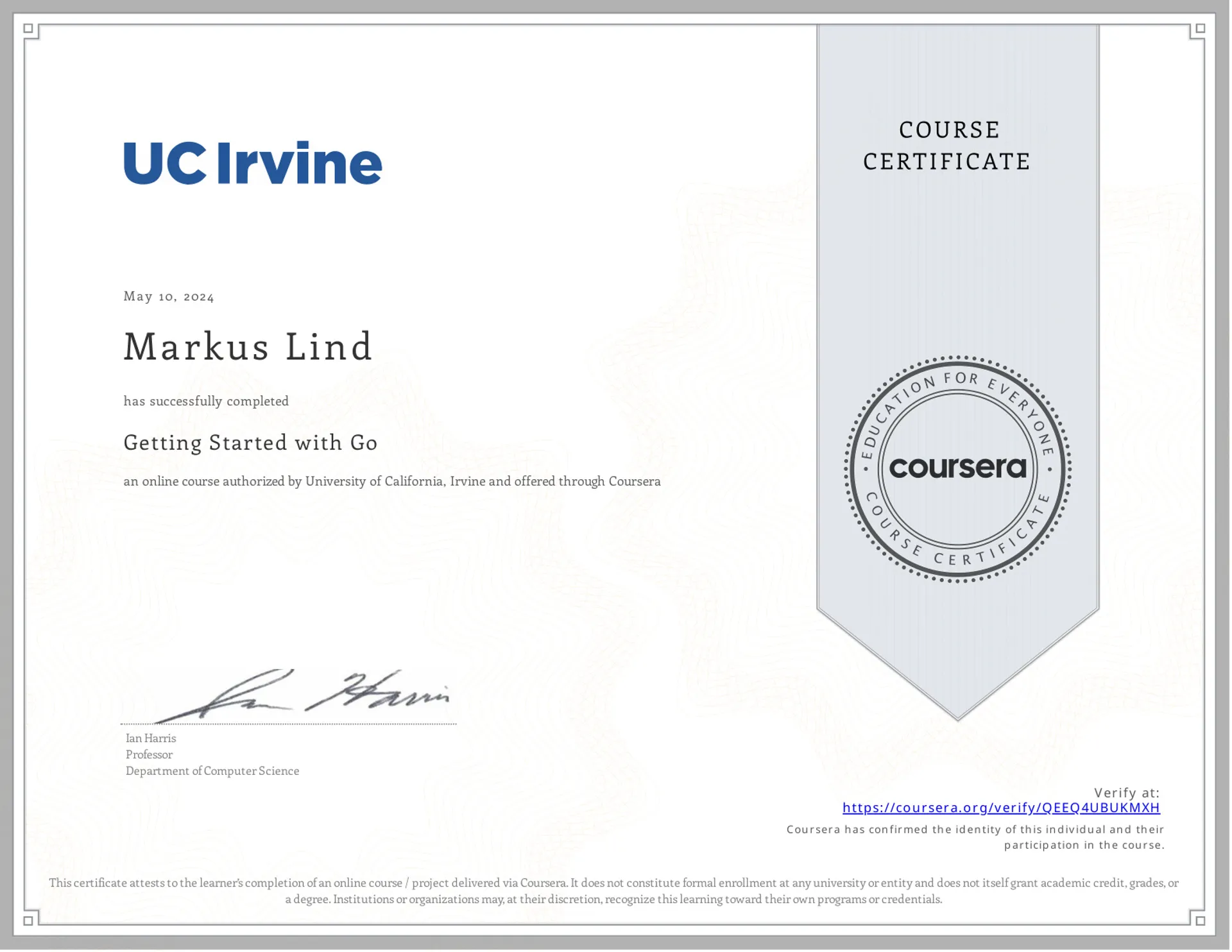 Getting Started with Go certificate