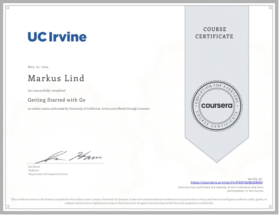 Getting Started with Go certificate