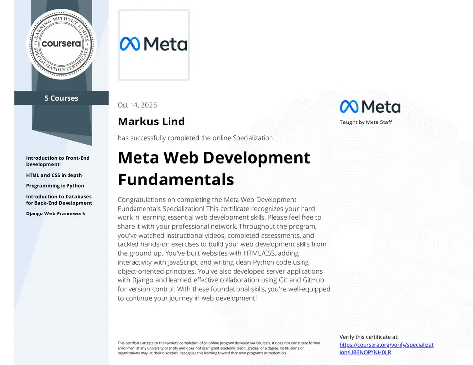 Meta Web Development Fundamentals Specialization certificate