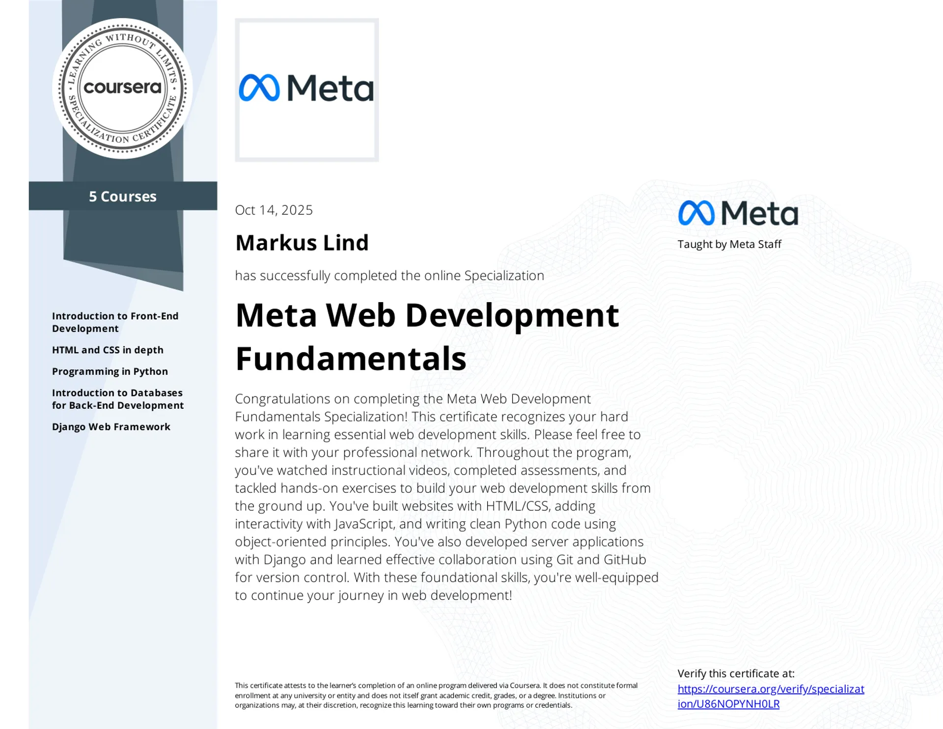 Meta Web Development Fundamentals Specialization certificate