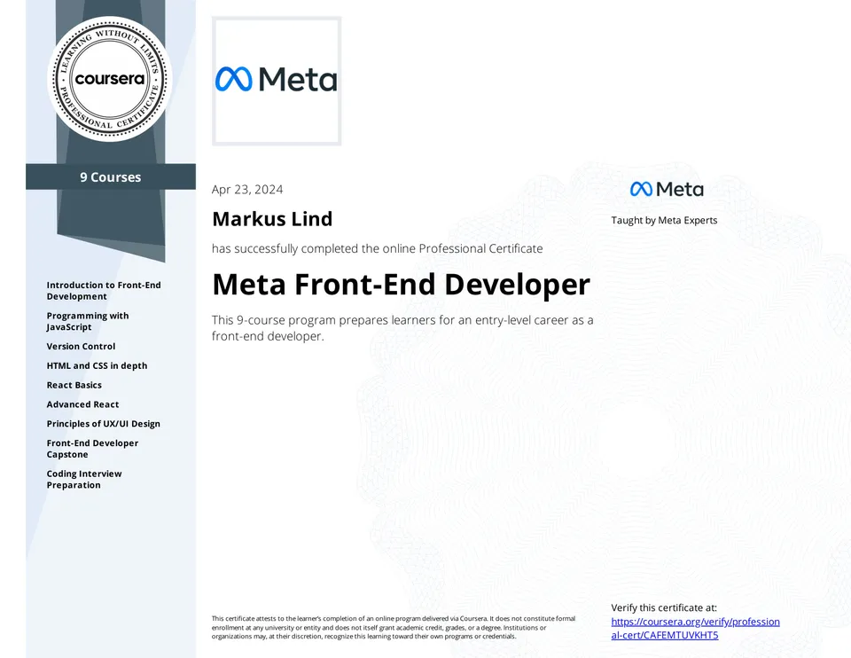 Meta Front-End Developer Professional Certificate certificate