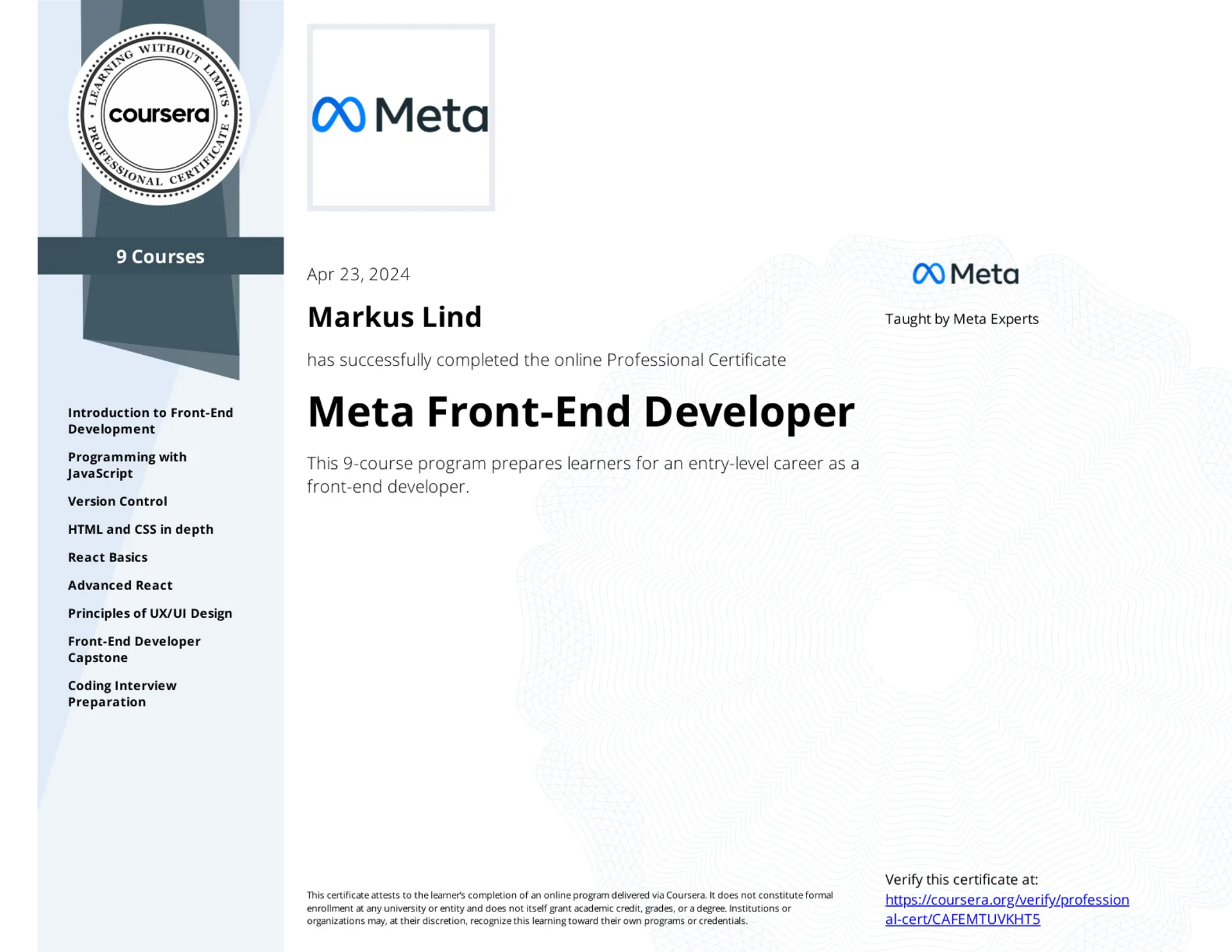 Meta Front-End Developer Professional Certificate certificate