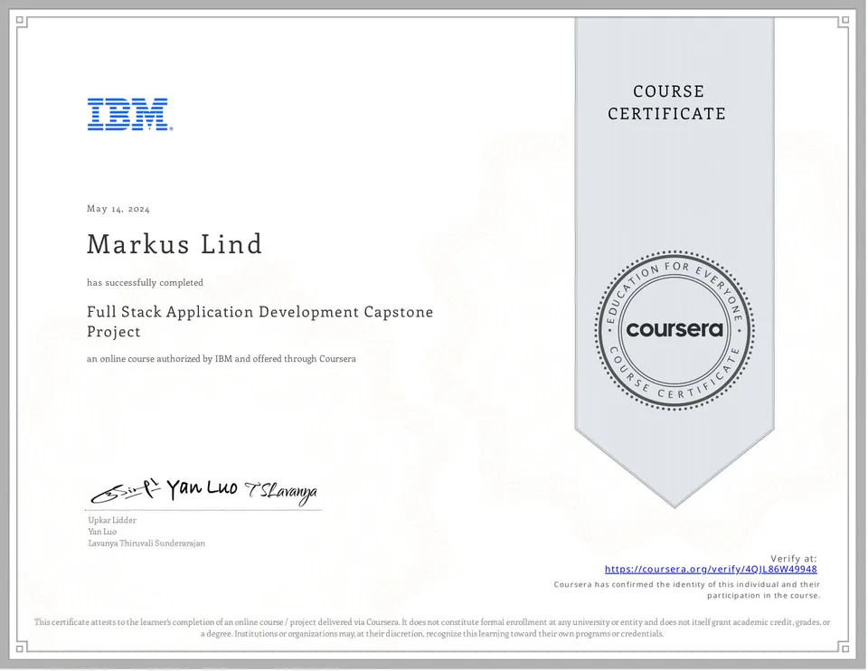 Full Stack Application Development Capstone Project certificate