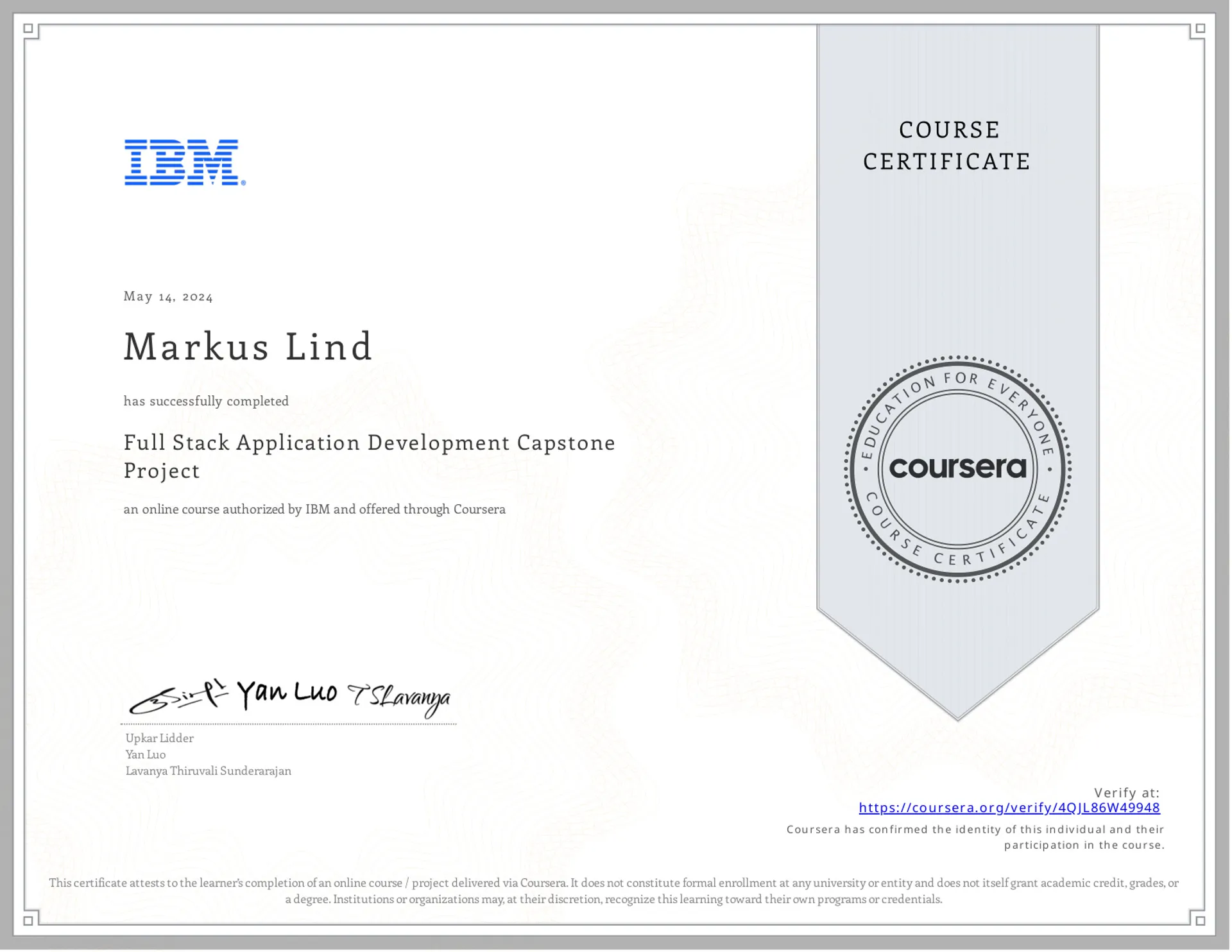 Full Stack Application Development Capstone Project certificate