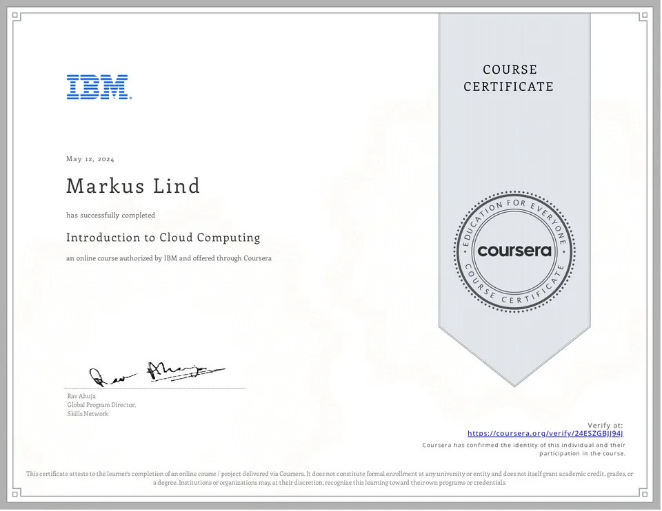 Introduction to Cloud Computing certificate