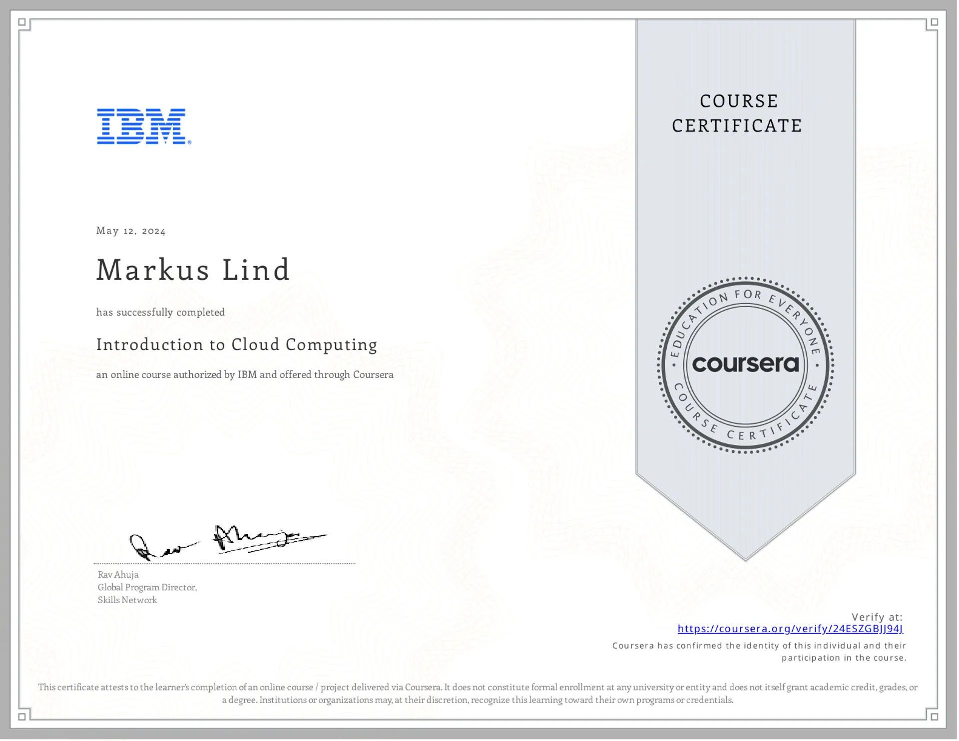 Introduction to Cloud Computing certificate