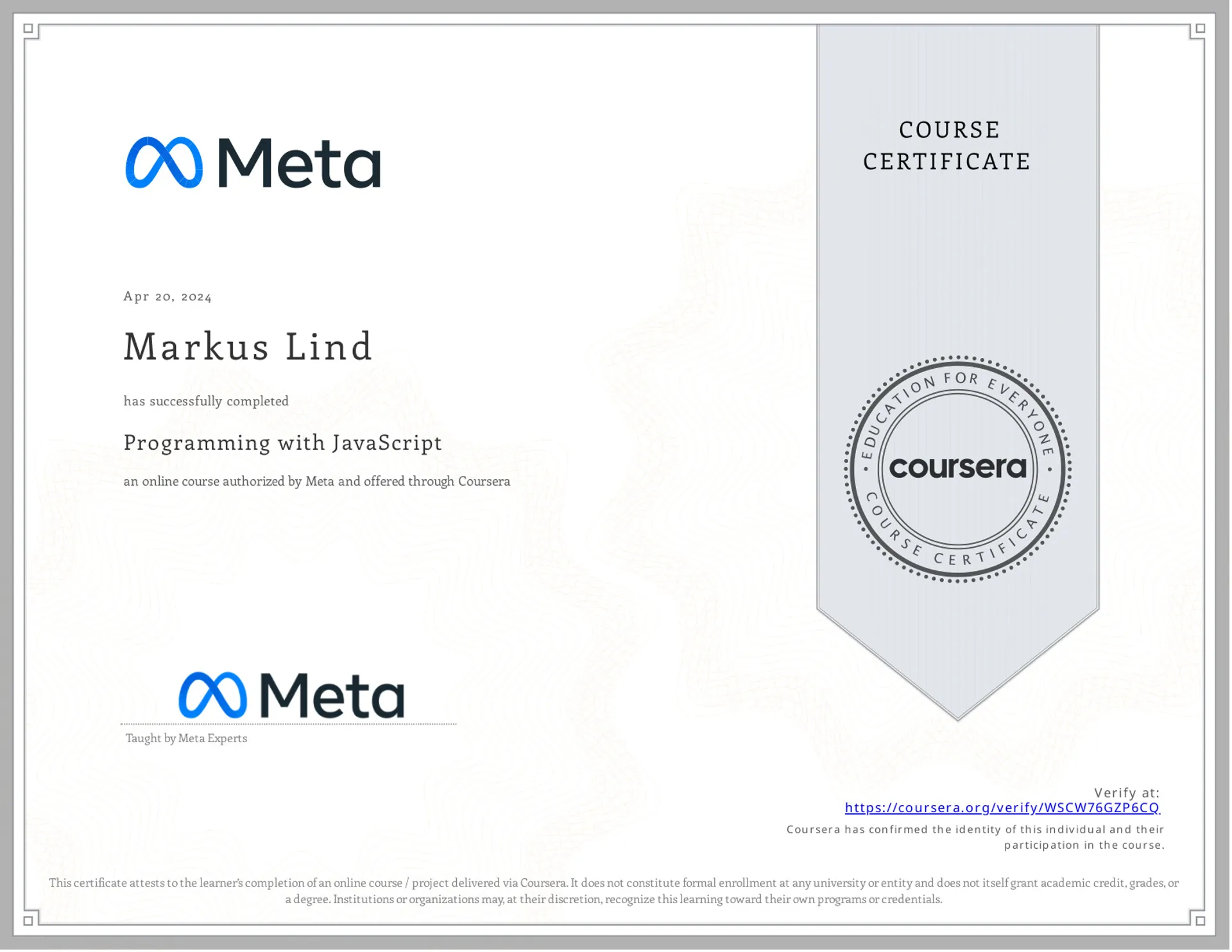 Programming with JavaScript certificate