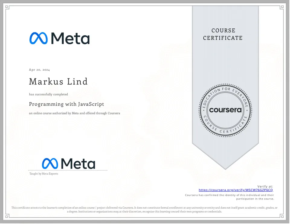 Programming with JavaScript certificate