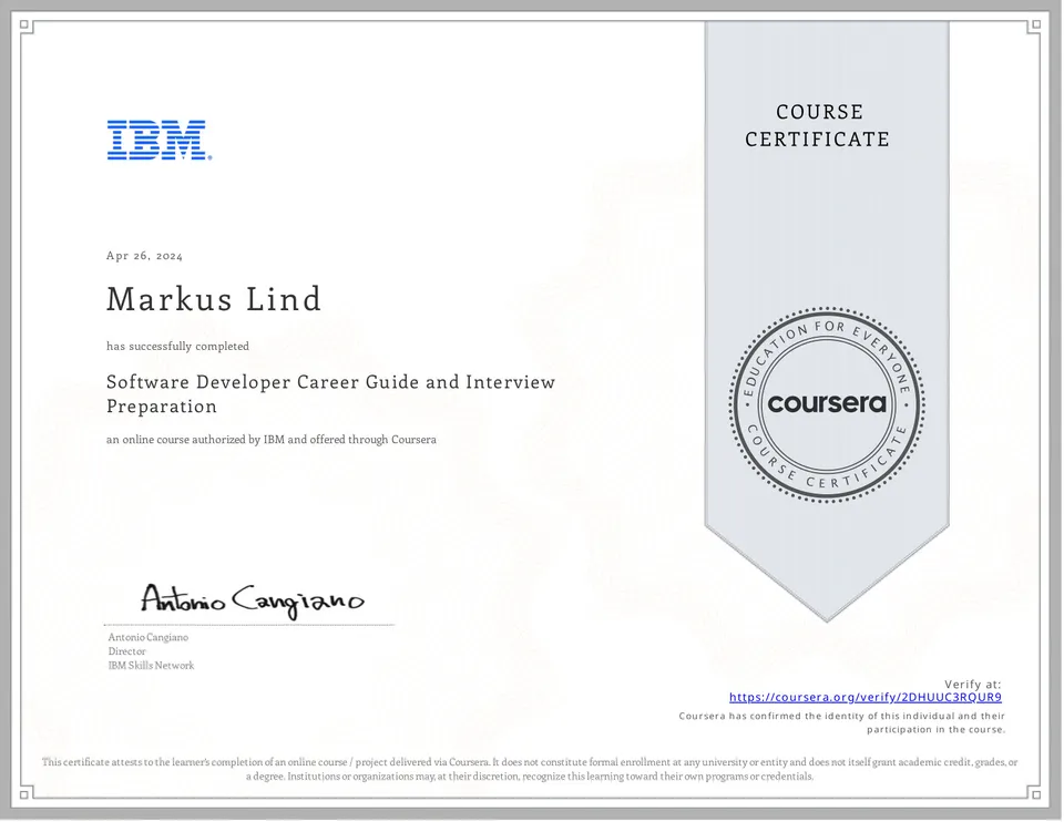 Software Developer Career Guide and Interview Preparation certificate