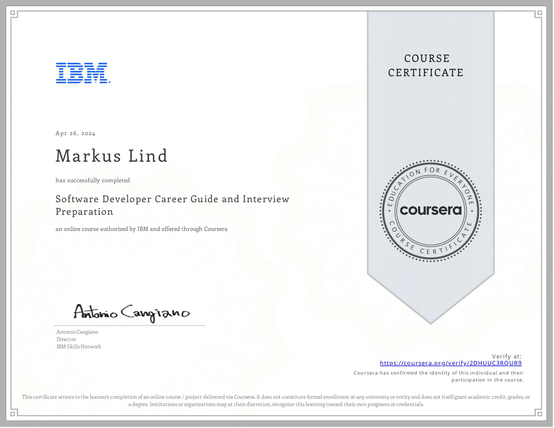 Software Developer Career Guide and Interview Preparation certificate