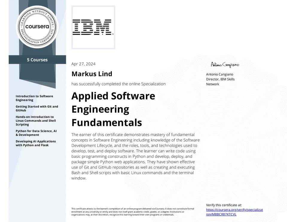 Applied Software Engineering Fundamentals Specialization certificate