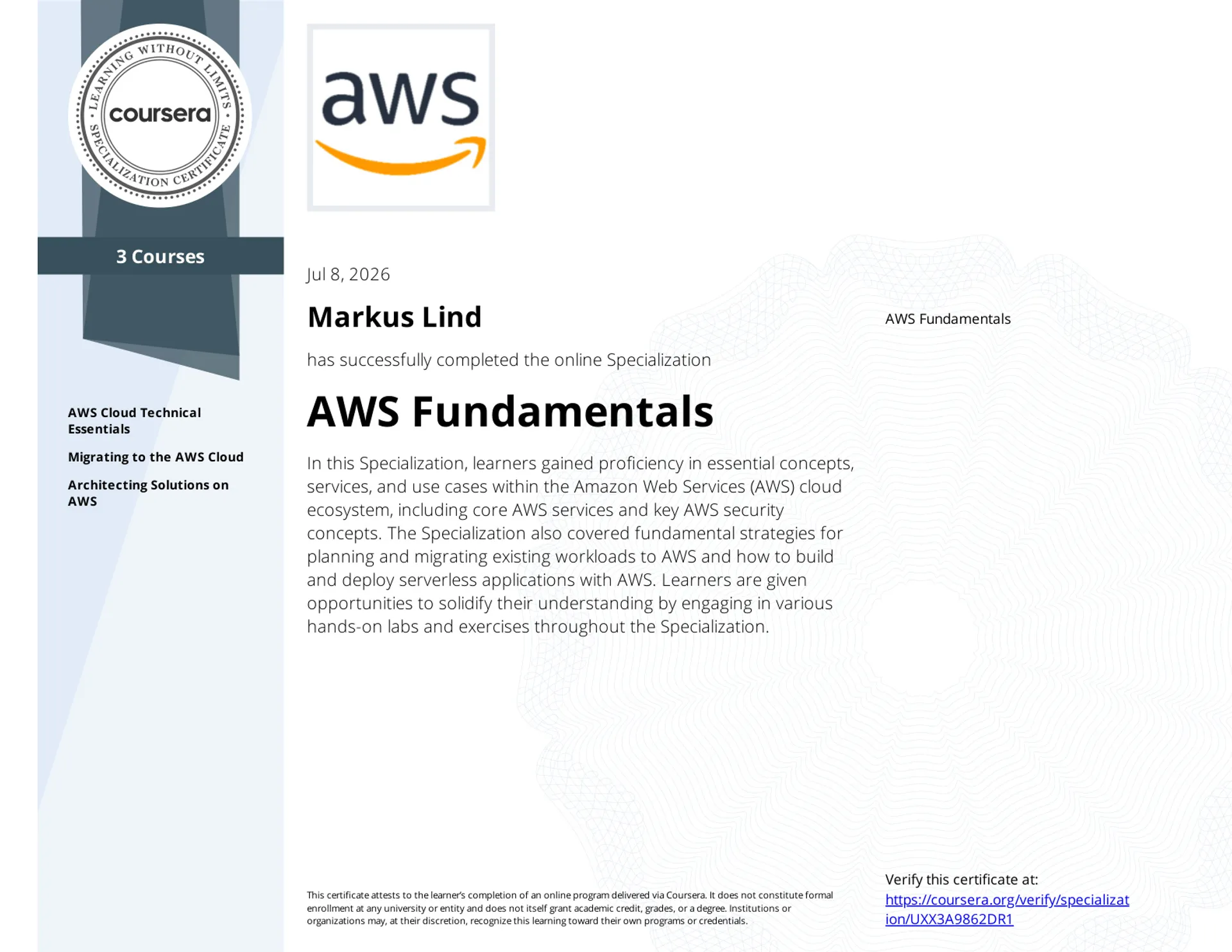 AWS Fundamentals Specialization certificate