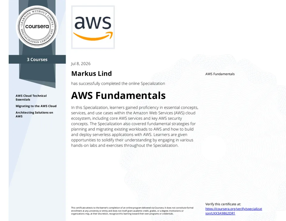 AWS Fundamentals Specialization certificate